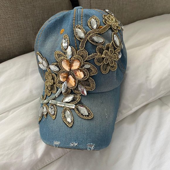 [ SOLD ] Rhinestone Distressed Denim Cap - Picture 2 of 7